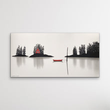 Load image into Gallery viewer, Original acrylic and charcoal painting with mostly white background, a black headland on the right a red boat in the centre of the water tied to a black pole, an island to the left of the boat with a red house and black trees and land and a smaller island to the far left of the canvas that is black with trees. The shadows under the islands and boat and land is a soft grey.  
