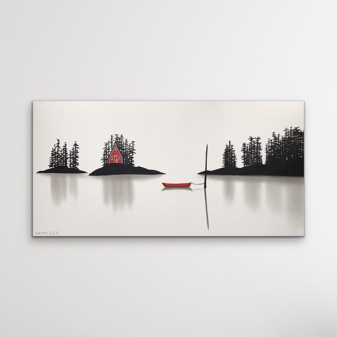 Original acrylic and charcoal painting with mostly white background, a black headland on the right a red boat in the centre of the water tied to a black pole, an island to the left of the boat with a red house and black trees and land and a smaller island to the far left of the canvas that is black with trees. The shadows under the islands and boat and land is a soft grey.  
