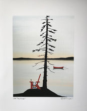 Load image into Gallery viewer, Artistic depiction of a tree with a red Muskoka chair with a HBC blanket and glass of wine o here and a boat on a water at sunset.
