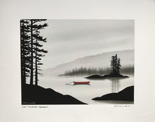 Load image into Gallery viewer, Artistic depiction of a red canoe on a misty lake with trees and mountains in the background.
