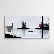 Load image into Gallery viewer, Painting of a serene lakeside scene with a house, trees, and a canoe.
