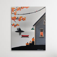 Load image into Gallery viewer, A vertical canvas painting by NR Miller depicting a quiet coastal house scene at dusk. The artwork features a gray house with an illuminated window, orange autumn leaves hanging from a branch overhead, a small red boat on calm water, pumpkins near the porch, and a black foreground silhouette.
